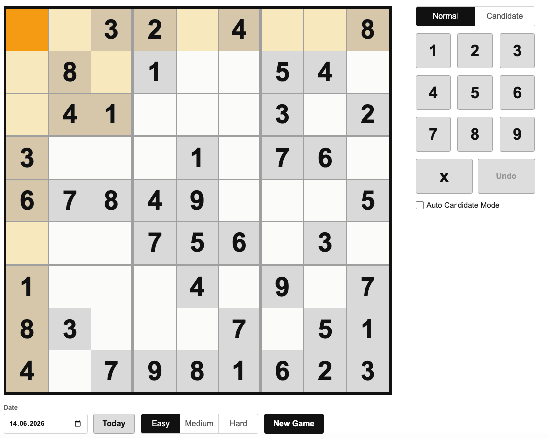 NYT Sudoku game board with number controls and difficulty buttons